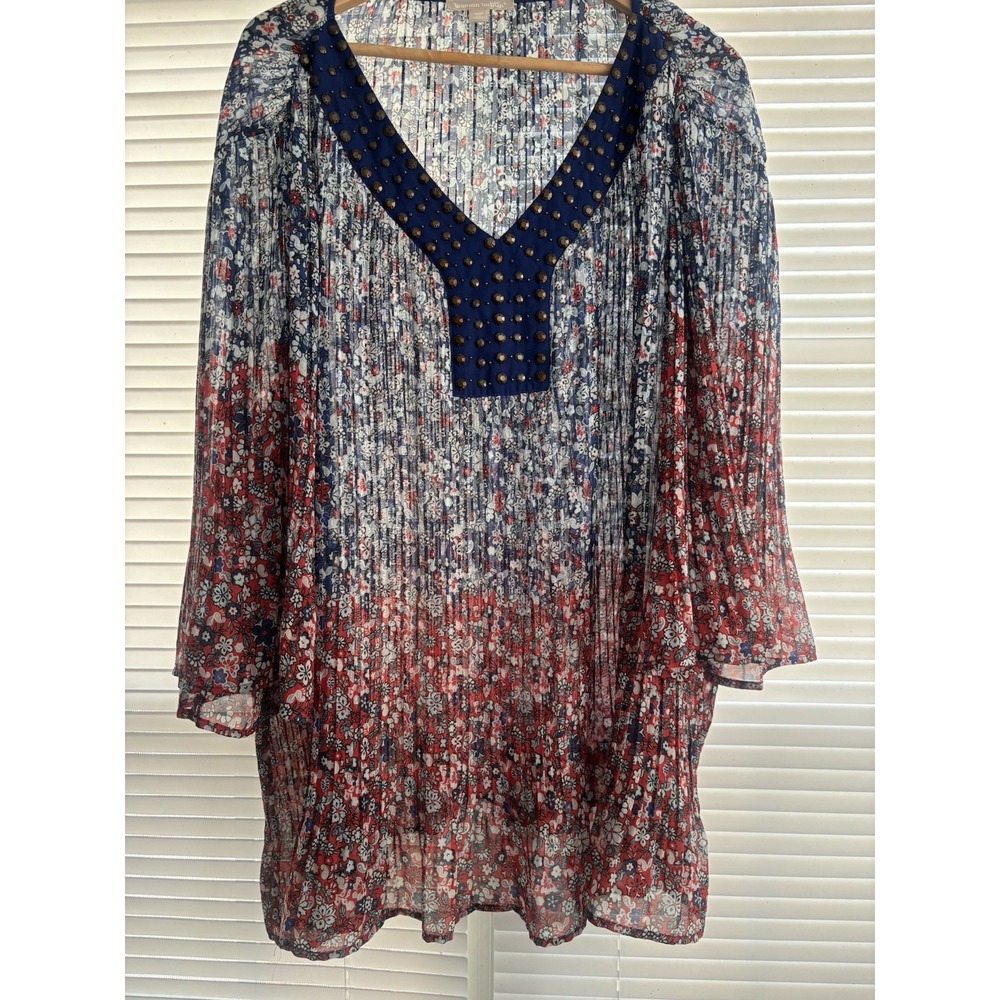 Woman Within Blouse Crinkle Red White Blue Boho 3/4 Sleeve Women's 2X 26/28‎